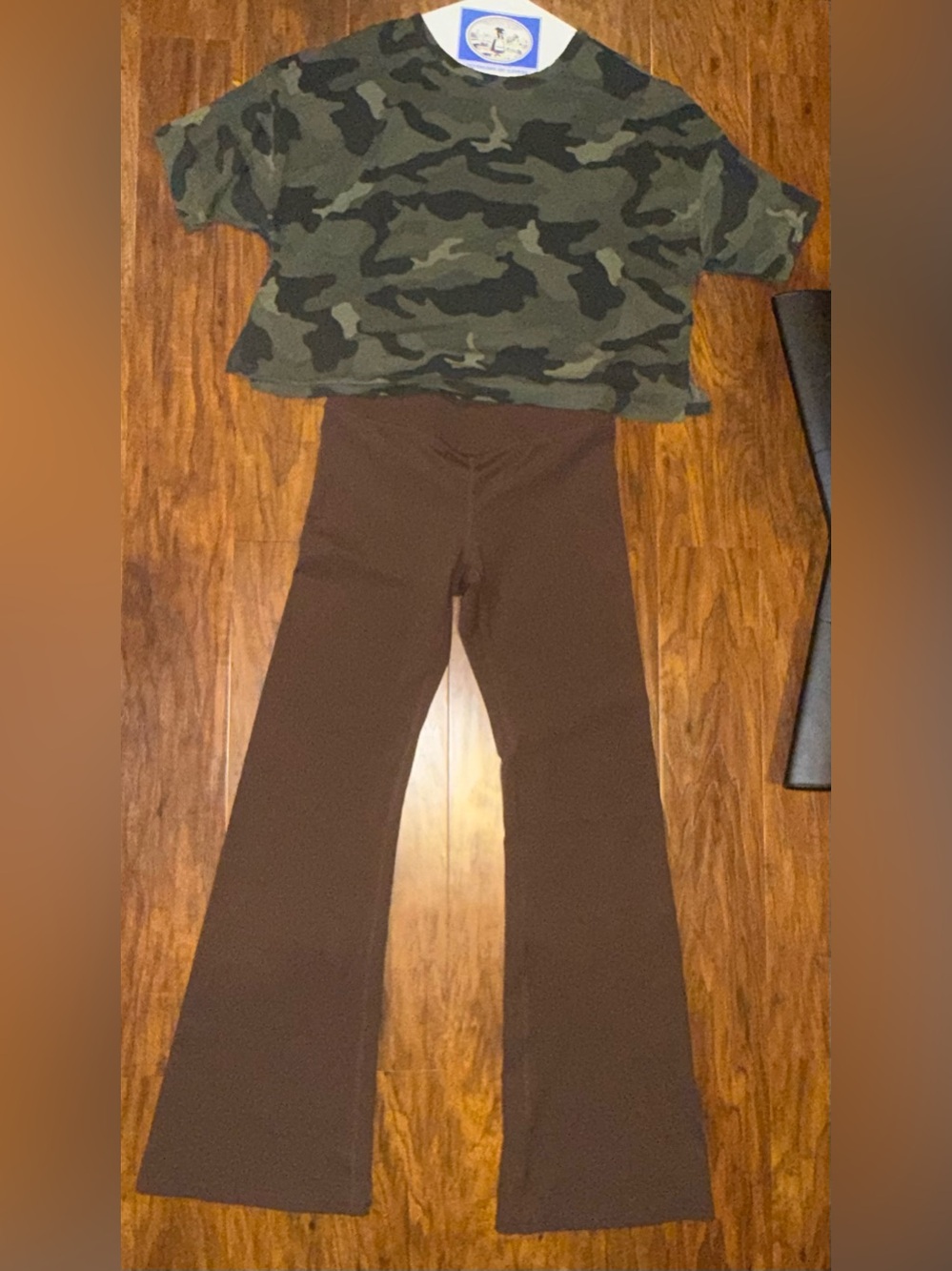 Old Navy Active Camo Crop Top (S) and Fabletics Brown Flare Leggings (M)